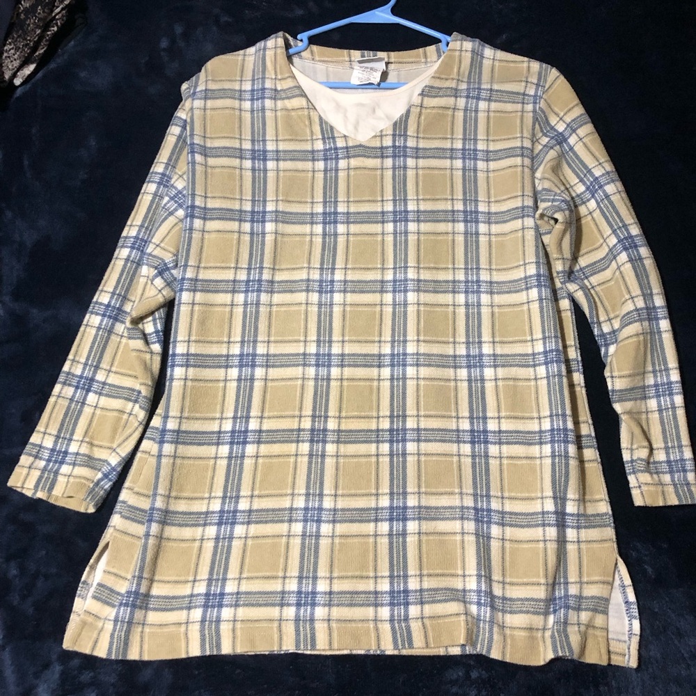Carolina Colours Vintage Plaid Tunic Sweater Cream Blue Size M